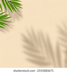 Sand Texture background with Coconut Palm leaves shadow for Summer vibes product present banner,Vector flay lay Beige beach sandy by seaside,Tropical leaf silhouette on brown sand for travel backdrop