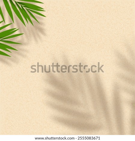Sand Texture background with Coconut Palm leaves shadow for Summer vibes product present banner,Vector flay lay Beige beach sandy by seaside,Tropical leaf silhouette on brown sand for travel backdrop