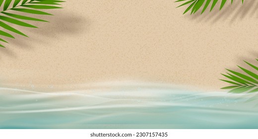 Sand texture background with palm leaves silhouette,Coconut leaf Shadow on Brown Sandy Beach,Vector top view Sand Surface,Backdrop background Wide Horizon Desert dune for Summer Product Presentation