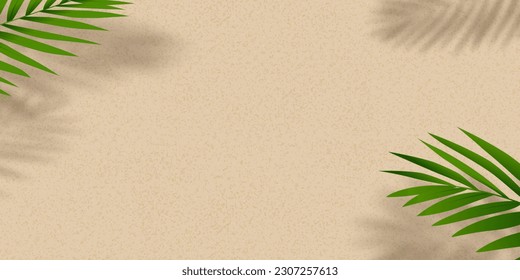 Sandstrukturhintergrund mit Palmblättern, Silhouette, Kokosnussblattschatten auf braunem Sandstrand, Vektorgrafik-Draufsicht Sand-Oberfläche, Hintergrund Wide Horizon-Wüstendüne für die Präsentation von Sommerprodukten