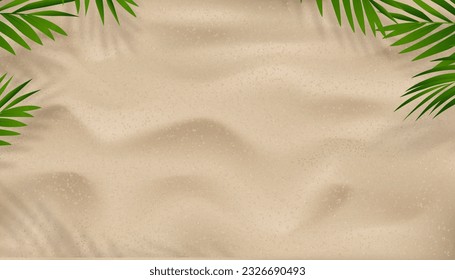 Sand texture background with palm leaves silhouette,Coconut leaf Shadow on Brown Sandy Beach,Vector top view Sand Surface,Backdrop background Wide Horizon Desert dune for Summer Product Presentation