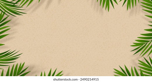 Fondo de textura de arena con marco de borde de hojas de palma, Sombra de hoja de coco en la playa de arena marrón, vista superior de Vector Superficie de arena, Fondo de fondo Duna del desierto de horizonte ancho para el Producto de verano Presentación