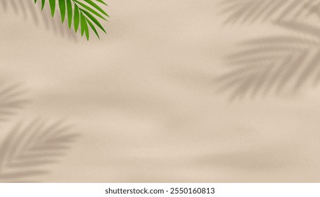 Sand Textur Hintergrund mit Palmblättern Schatten für Sommer Banner, Tropische Kokosnuss Blatt auf braunem Sandstrand Insel, Vektorgrafik Draufsicht am Meer beige Sand Oberflächenmuster mit Platz für Reisekonzept