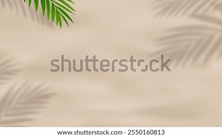 Sand texture background with palm leaves shadow for Summer banner,Tropical Coconut leaf on brown sandy beach island,Vector top view seaside of beige sand surface pattern with space for travel concept
