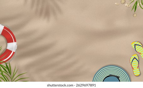 Sand texture background,Summer banner with sunlight,shadow palm leaf,flipflop,shell,hat on brown beach sand,Vector top view natur brown sandy with waves pattern 