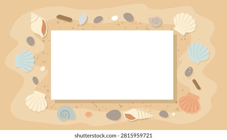 Sand texture frame decorated with scattered shells and smooth sea stones surrounding a clean white central rectangle.