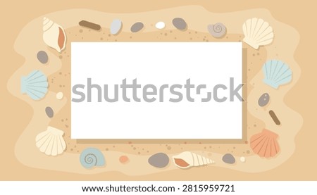 Sand texture frame decorated with scattered shells and smooth sea stones surrounding a clean white central rectangle.