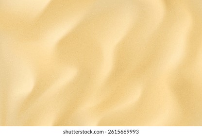 Sand texture. Sandy beach background with soft dunes and gold particles. Realistic desert ground or ocean shore. Travel design template with waves and sparkle. Vector illustration.