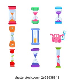 sand timer kids set cartoon. learning fun, visual tool, patience focus sand timer kids sign. isolated symbol vector illustration