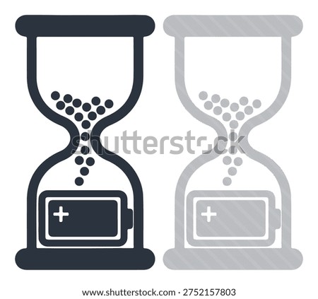 Sand timer symbol with power cell inside, energy efficiency metaphor, simple line design