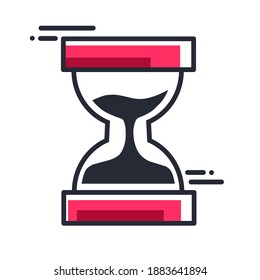 sand timer, vector illustration of sand timer, simple flat design, in red color, with line art.