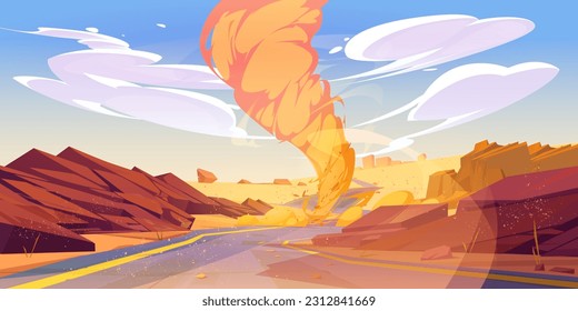 Sand tornado whirlwind in desert sky cartoon vector background. Sandstorm cyclone with dust weather phenomenon landscape design. Hurricane speed nature wilderness illustration in dry arizona valley