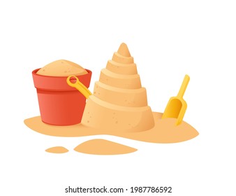 Sand tower on the beach happy childhood hobby building with sand shovel and bucket vector illustration on white background