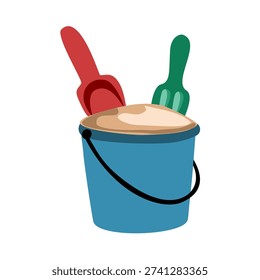 sand toys on the beach there are soccer, ball and sand bucket, vector illustration