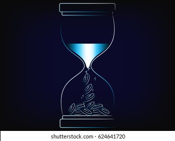 sand turning into coins inside an hourglass, concept of turning time and effort into profits (vector on mesh background)