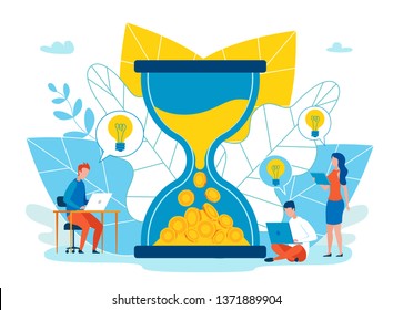 Sand Turns Into Money Flat Vector Illustration. Teamwork with Deadlines makes Profit. Closeup Hourglass, near Working People. Deadline in Project Management. People Work on Laptops.