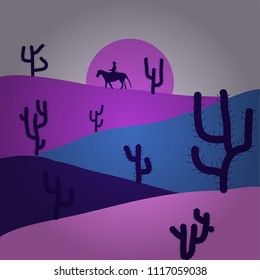 Sand. Vector illustration. Composition. Beautiful violet, gray and blue vintage cactuses, succulents. Flowers. Landscape with violet, gray and blue colors.