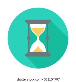 Sand watch circle icon with long shadow. Flat design style. Sand watch drive simple silhouette. Modern, minimalist, round icon in stylish colors. Web site page and mobile app design vector element.