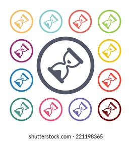 sand watch flat icons set. Open round colorful buttons. Vector 