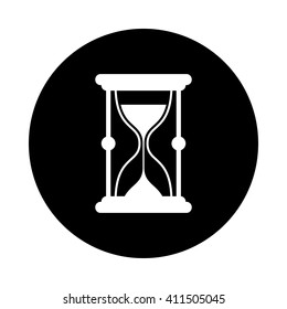 Sand watch icon. Black round icon isolated on white background. Round icon. Sand watch silhouette. Simple circle icon. Web site page and mobile app design vector element.