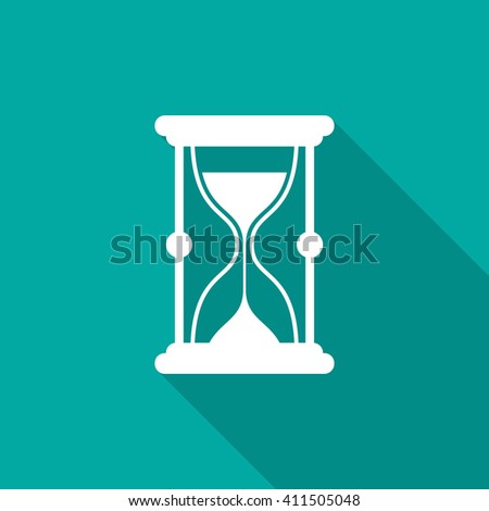 Sand watch icon with long shadow. Flat design style. Sand watch silhouette. Simple green icon. Modern flat icon in stylish colors. Web site page and mobile app design vector element.