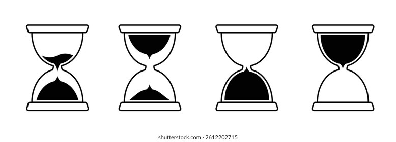 	
Sand watch icon set. Hourglass symbol. Flat vector illustration. Sandglass logo. Set of hourglass icons. Loading sign. Waiting time concept, Time measurement, deadline. Vector, isolated illustration