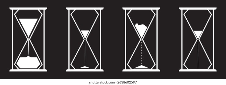 Sand watch icon set. Hourglass symbol. Flat vector illustration. Sandglass logo. Set of hourglass icons. Loading sign. Waiting time concept, Time measurement, deadline. Vector, isolated illustration.