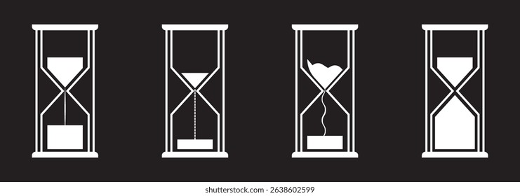 Sand watch icon set. Hourglass symbol. Flat vector illustration. Sandglass logo. Set of hourglass icons. Loading sign. Waiting time concept, Time measurement, deadline. Vector, isolated illustration.