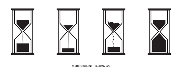 Sand watch icon set. Hourglass symbol. Flat vector illustration. Sandglass logo. Set of hourglass icons. Loading sign. Waiting time concept, Time measurement, deadline. Vector, isolated illustration.