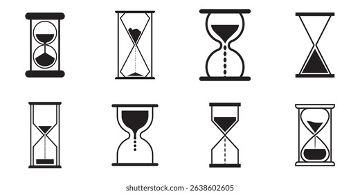 Sand watch icon set. Hourglass symbol. Flat vector illustration. Sandglass logo. Set of hourglass icons. Loading sign. Waiting time concept, Time measurement, deadline. Vector, isolated illustration.