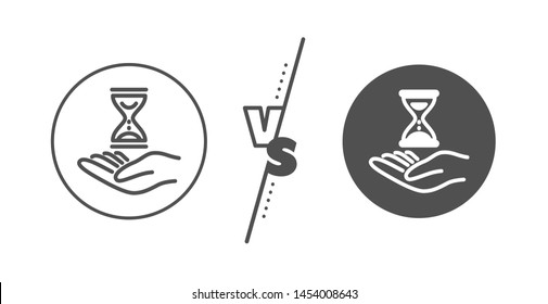 Sand watch sign. Versus concept. Time hourglass in hand line icon. Line vs classic time hourglass icon. Vector
