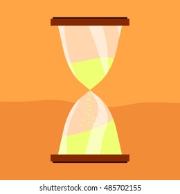 Sand Watch vector icon made in flat design with golden sand and glass reflections on the clock on the orange background