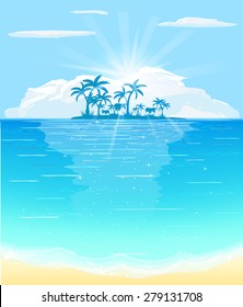 sand, wave, turquoise and blue sea, little island with palms on horizon, big cloud and sunbeam, cartoon vector illustration