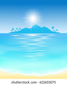 sand, wave, turquoise and blue sea, little island with palms on horizon, cartoon vector illustration