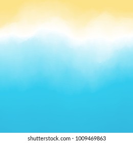 Sand and waves with foam. Southern beach background. Top down view from above. Vacation and travel. Vector illustration.