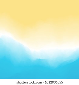 Sand and waves with foam. Southern beach background. Top down view from above. Vacation and travel. Vector illustration.