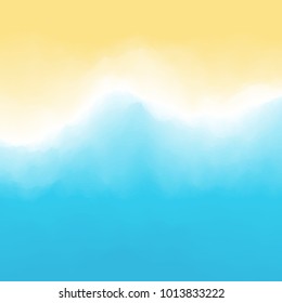 Sand and waves with foam. Southern beach background. Top down view from above. Vacation and travel. Vector illustration.