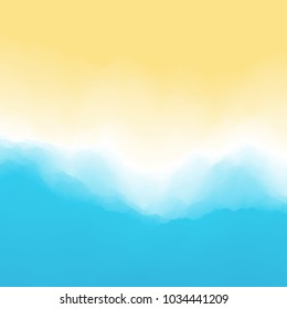 Sand and waves with foam. Southern beach background. Top down view from above. Vacation and travel. Vector illustration.