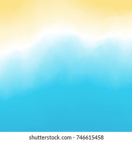 Sand and waves with foam. Southern beach background. Top down view from above. Vacation and travel. Vector illustration.