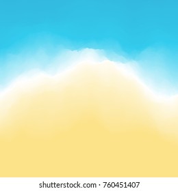 Sand and waves with foam. Southern beach background. Top down view from above. Vacation and travel. Vector illustration.