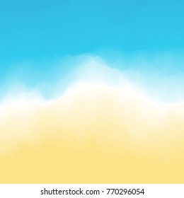 Sand and waves with foam. Southern beach background. Top down view from above. Vacation and travel. Vector illustration.