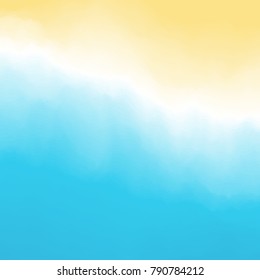 Sand and waves with foam. Southern beach background. Top down view from above. Vacation and travel. Vector illustration.