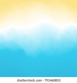 Sand and waves with foam. Southern beach background. Top down view from above. Vacation and travel. Vector illustration.