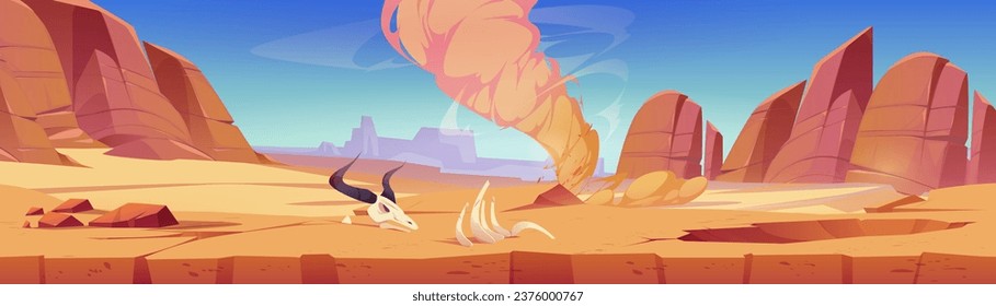 Sand whirlwind storm in desert vector background. West canyon valley and tornado in Texas. Sunny wilderness Mexico drought terrain with boulder cliff and skull drawing design for adventure game