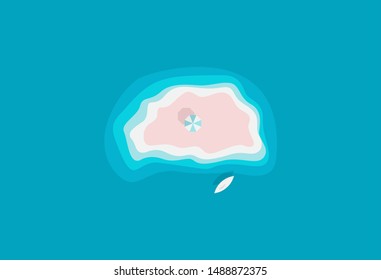 Sand wild island in azure ocean with parasol, relaxation alone place, beautiful beach, paradise isle, vector illustration.