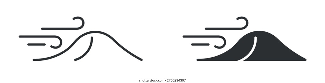 Sand wind icon set, desert sandstorm or blowing sand symbol, in outline and solid silhouette style. Vector illustration.