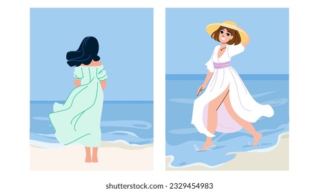 sand woman walking beach  vector.  beautiful vacation, summer travel, lifestyle nature sand woman walking beach character. people flat cartoon illustration