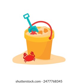 Sand in yellow bucket with red handle, clam, crab, and starfish. Kid toys for building sand castle in beach vacation. Summer doodle icon vector illustration isolated on transparent background