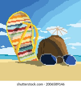 sandal and coconut in the beach with pixel art style