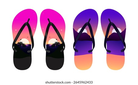 Sandal. Colorful flip flops with tropical sunset and beach landscape silhouette inside. Perfect for summer, vacation, travel, or holiday-themed design projects. for summer vacation themes